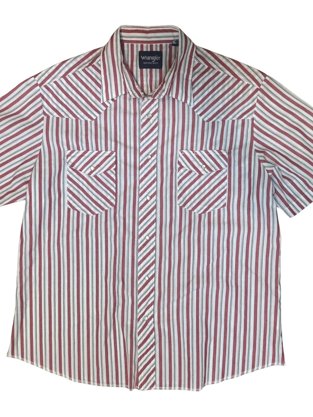 Wrangler Men’s Red and White Striped Short Sleeve Shirt - Pearl Snap Western